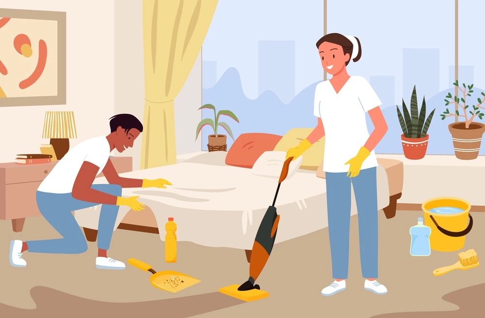 man and woman cleaning bedroom