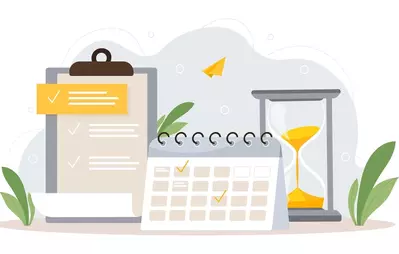 checklist, calendar, hourglass