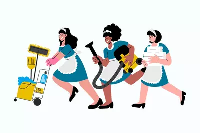 three housekeepers carrying cleaning supplies