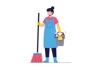 professional housekeeper holding broom and bucket of supplies