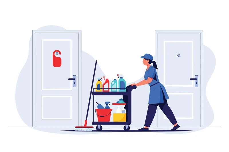 hotel housekeeper pushing cleaning cart past rooms